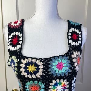 Crochet Granny Square Crop Top Multicolor Boho Festival Vest Small Y2K Indie